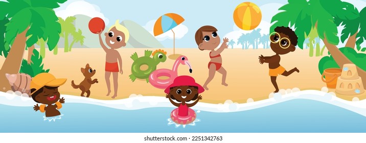 A multicultural group of children playing with a ball on the seashore and playing with a dog, swimming in inflatable circles and inflatable armlets. Children are happy and cheerful.Horizontal banner.