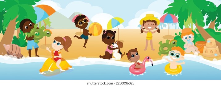 Grupo multicultural de niños jugando en la orilla del mar, jugando batalla de agua con pistolas de agua, nadando en círculos inflables y en una moto de agua, jugando con un perro. Los niños son felices.