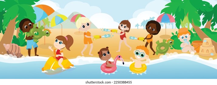 Grupo multicultural de niños jugando a orillas del mar, jugando batalla acuática con pistolas de agua, nadando en círculos inflables y en una moto acuática. Los niños son felices y alegres.