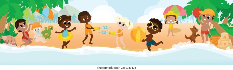 A multicultural group of children playing on the seashore with a ball, with a dog,shoot each other with water pistols, building sandcastles, sunbathing and having fun. Children are happy and cheerful.