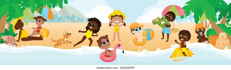 Multicultural group of children playing on the seashore, swimming in inflatable circles, playing ball, with a dog, sunbathing. Children are happy and cheerful. Horizontal banner in cartoon style.