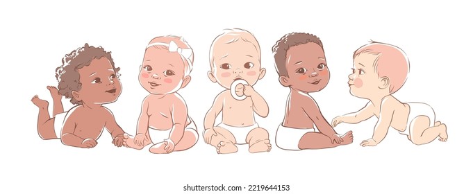 Multicultural group of cute baby boys and baby girls in a diapers sitting together. Active baby of 3-12 months. First year baby development. Newborn sitting, crawling and smiling.