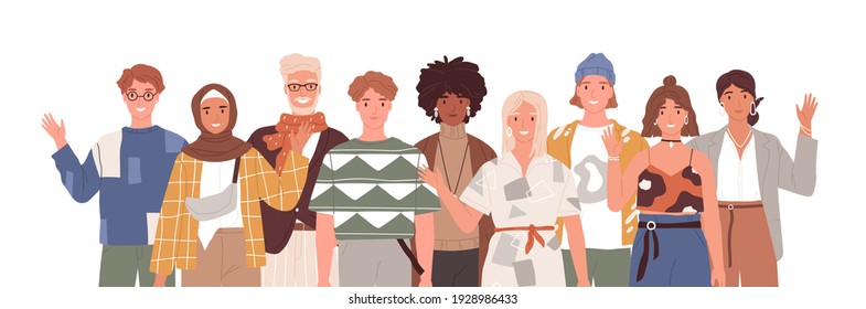 Grupo multicultural de pessoas diversas acenando, dizendo oi e dando boas-vindas. Retrato de homens e mulheres multiétnicos juntos. Ilustração em vetor colorida plana dos desenhos animados isolada no fundo branco