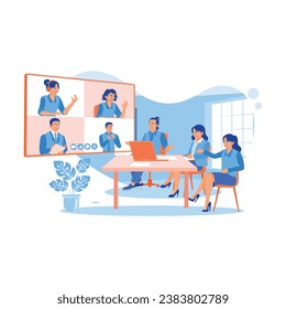 A multicultural group of employees works in a company. Online video conference via screen. Discuss Information concept. trend modern vector flat illustration