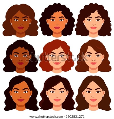Multicultural group of female characters in flat vector art. Various ethnic backgrounds shown through skin colors and traditional hairstyles. Isolated on white for social diversity themes.
