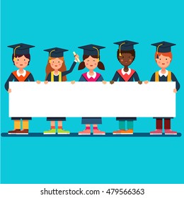 Multicultural group of graduate students girls and boys in mortar board hats standing and holding big white space placard banner together. Flat style modern vector illustration.