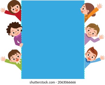 Multicultural group of happy kids waving at camera.