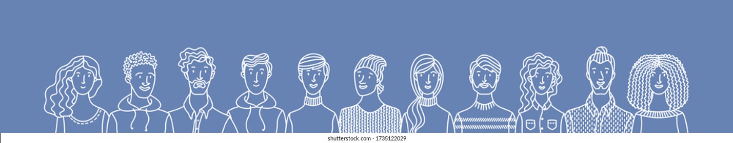 Multicultural group of happy people. Adult men and women standing in row together. International community concept with diverse students vector outline illustration. Cultural and religion equality.