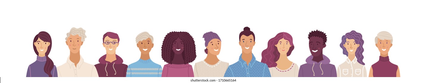 Multicultural group of happy people. Smiling adult men and women standing in row together. International community concept with diverse students vector illustration. Cultural and religion equality.