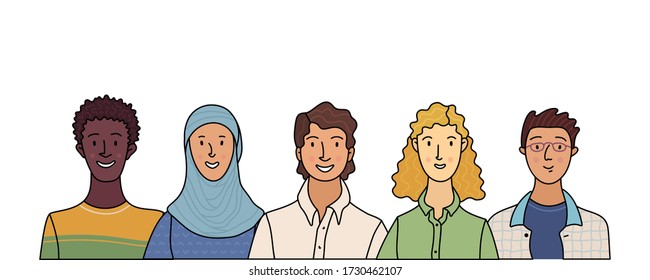 Multicultural group of happy people. Smiling adult men and women standing in row together. International community concept with diverse students vector illustration. Cultural and religion equality.