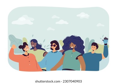 Multicultural group of happy women portrait vector illustration. Smiling girls of different ethnicities, person with prosthetic arm, blind character. Inclusivity, diversity, disability, equality