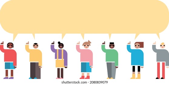 Multi-cultural group of kids raising hands and finger to ask a question to the teacher in the big speech bubble
