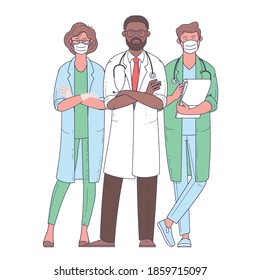 Multicultural group of medics. The medical team in white face masks. Doctor, nurse, surgeon. Flat design vector characters.