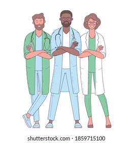 Multicultural group of medics. The medical team in white face masks. Doctor, nurse, surgeon. Flat design vector characters.