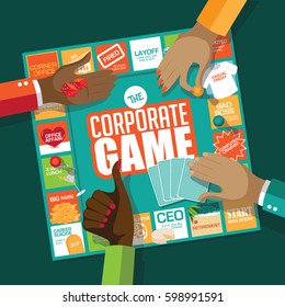 A multicultural group of men and women playing the corporate game. With humorous stops and obstacles along the way, from starting in the mailroom to CEO and retirement. Flat design. EPS 10 vector.