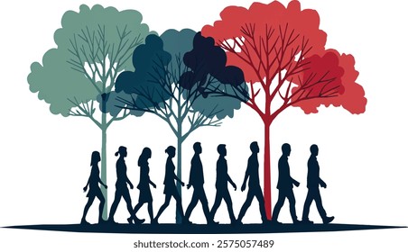 Multicultural group of men and women strolling in an outdoor natural landscape.