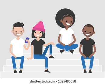 A multicultural group of millennials sitting on the stairs. Generation z, lifestyle illustration. Flat editable vector, clip art