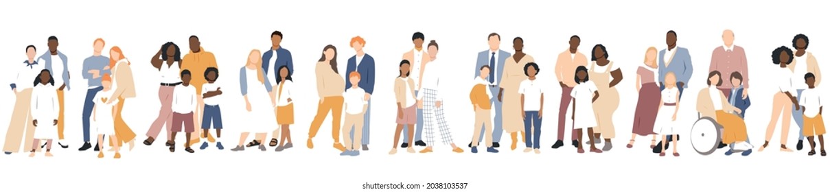 Multicultural Group Of Mothers And Fathers With Kids. Flat Vector Illustration.	