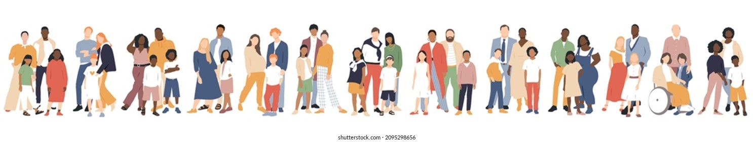 Multicultural group of mothers and fathers with kids. Flat vector illustration.