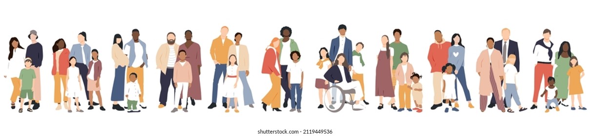 Multicultural group of mothers and fathers with kids. Flat vector illustration.