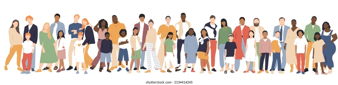 Multicultural group of mothers and fathers with kids. Flat vector illustration.	