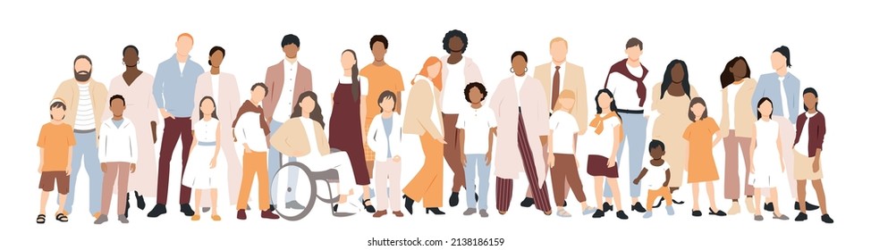 Multicultural group of mothers and fathers with kids. Flat vector illustration.	