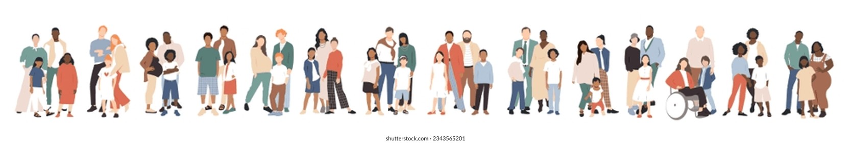 Multicultural group of mothers and fathers with kids. Flat vector illustration.