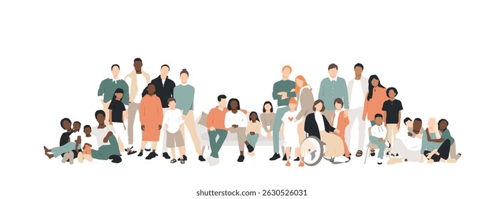 Multicultural group of mothers and fathers with kids.	