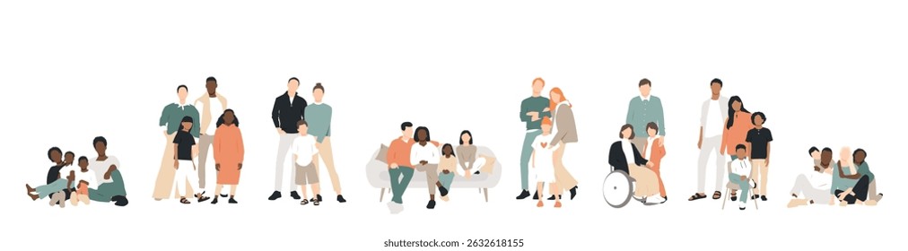 Multicultural group of mothers and fathers with kids.	