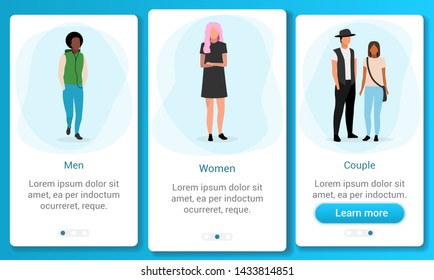Multicultural group onboarding mobile app screen template. Adult population and gender ratio. Multiracial men, women, couples. Walkthrough website steps with flat characters. UX, UI, GUI interface