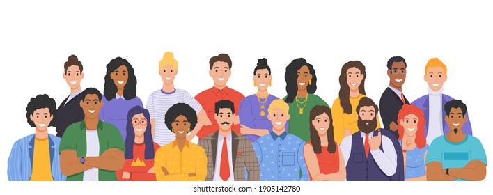 Multicultural group of people. People of different races and cultures. Cartoon characters set in flat design style. Vector illustration