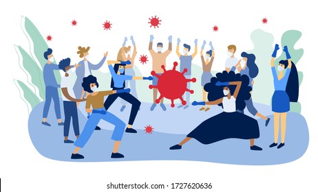 Multicultural group of people fight against coronavirus. Group of people wearing face masks. Together against Covid-19. Flat design modern illustration.
