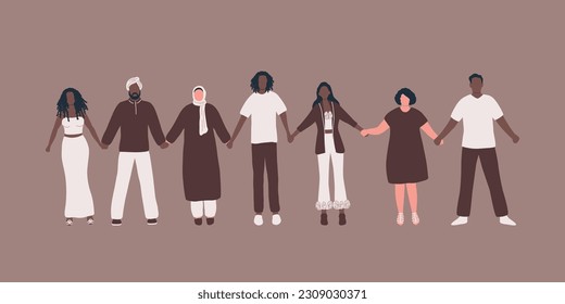 Multicultural group of people. People holding hands. Stronger together concept. Solidarity of different men and women. Human silhouettes. Vector illustration