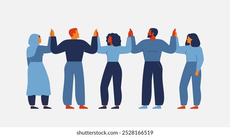 Multicultural Group of people holding hands. Business men and women stand in row and give high five to each other. Teamwork, friendship, engagement and inclusion concept.Vector illustration