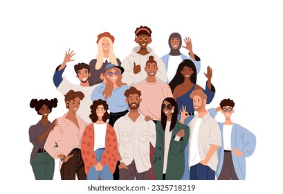 Multicultural group of people, multinational society, teamwork, friendship concept, cooperation, female and male characters. Flat cartoon vector illustration isolated on white background.