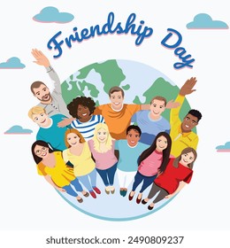 Multicultural group of people stand together, hug and look up . Friendship Day. Vector illustration in flat style