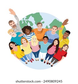 Multicultural group of people stand together, hug and look up . Cartoon characters on white background. Vector illustration in flat style