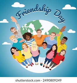 Multicultural group of people stand together, hug and look up . Friendship Day. Vector illustration in flat style