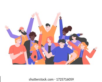 Multicultural group of people is  standing together. Team of colleagues, students, happy men and women. Multinational society. Friendship, teamwork and cooperation. Vector flat illustration.