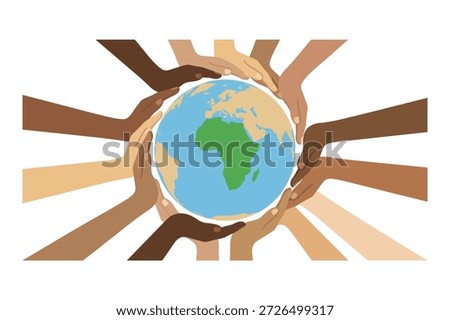 Multicultural group of people touching world globe africa map center international friendship environmental protection
