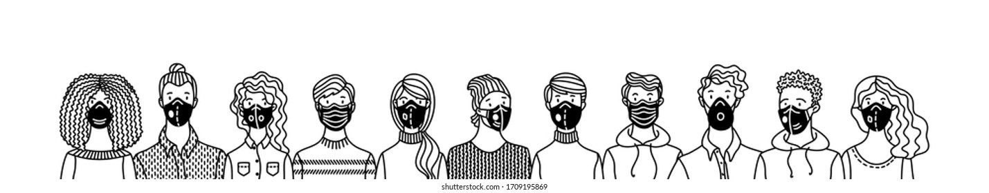 Multicultural group of people wearing disposable medical masks together. International corona virus protection and epidemic prevention outline vector illustration. Global self-isolation and quarantine