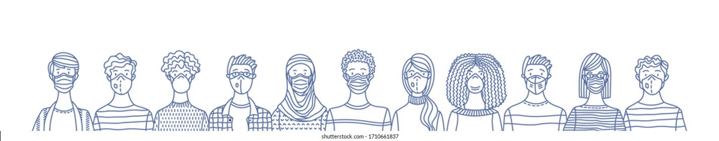Multicultural group of people wearing disposable medical masks together. International corona virus protection and epidemic prevention vector outline illustration. Global self-isolation and quarantine