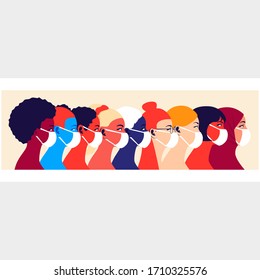 Multicultural group of people wearing medical masks to prevent disease. International corona virus protection and epidemic prevention vector illustration. Global self-isolation and quarantine poster.