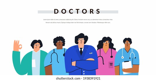 Multicultural group of positive doctors and nurses isolated on white background. Diverse healthcare professional team in cartoon style. Hand drawn smiling medicine characters. Flat vector banner