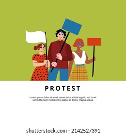 Multicultural group of protesters. Diverse dissenters group in cartoon style. Hand drawn rebel characters. Flat vector banner