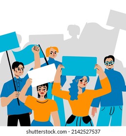 Multicultural group of protesters. Diverse dissenters group in cartoon style. Hand drawn rebel characters. Flat vector illustration