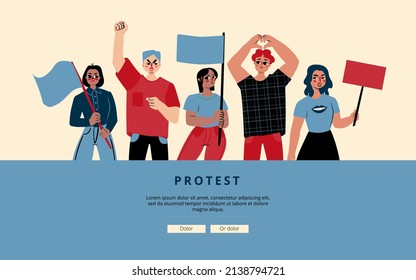 Multicultural group of protesters isolated on white background. Diverse dissenters group in cartoon style. Hand drawn rebel characters. Flat vector banner