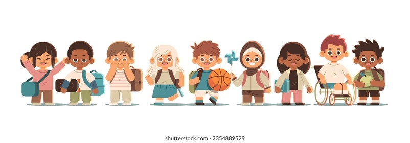 Multicultural group of school children. Cartoon children in different poses on a white background. Flat vector illustration