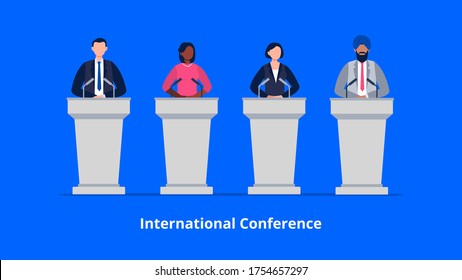 A multicultural group of speakers stands on the tribunes. Politics, debates, or international press conference. Man and woman public speaking concept. Flat vector illustration.