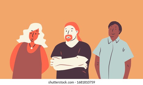 Multicultural group standing together for one idea. Flat illustration with women and man in limited color pallet.